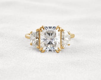 3.24 CT Radiant Cut Lab Diamond Engagement Ring: 14K Gold, Half Moon Side Stones
