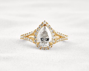3.1 CT Pear Lab Grown Diamond Engagement Ring: 14K Gold Halo & Pave