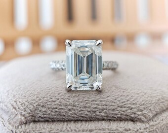 4.10 CT Emerald Cut Lab Grown Diamond Pave Engagement Ring | IGI Certified | Solid Gold