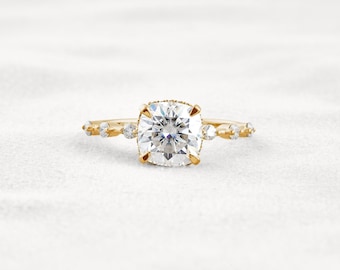 2.15 CT Cushion Cut Lab Grown Diamond Engagement Ring: 14K Gold Wedding Set