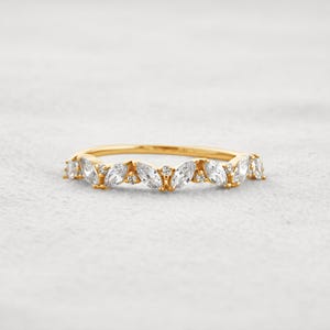 0.64 CT Marquise & Round Lab Grown Diamond Wedding Band: 14K Gold Half Eternity