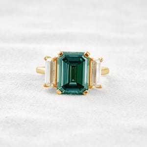 6.2 CT Dark Green Emerald Cut 3 Stones Lab Grown Diamond Engagement Ring