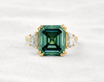 7.6 CT Blue Green Asscher Cut Lab Diamond Engagement Ring: 14K Gold