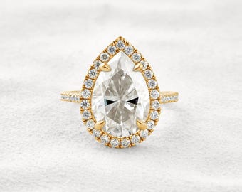 6.15 CT Pear Lab Grown Diamond Engagement Ring: Halo & Pave, 14K Gold