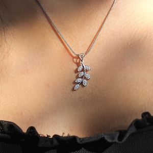 14K Gold Leaf Pendant Necklace: Lab-Grown Diamond Charm