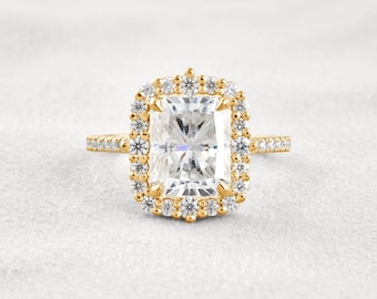 3.24 CT Radiant Cut Lab Grown Diamond Engagement Ring: 14K Gold Halo & Pave