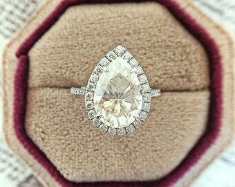 6.51 CT Pear Lab Grown Diamond Engagement Ring - 14K Gold Halo Setting