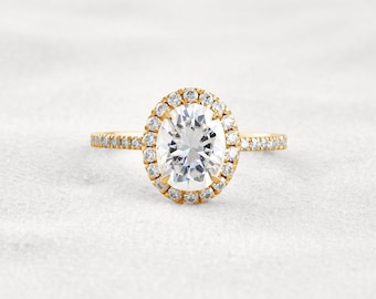 1.91 CT Oval Lab Grown Diamond Engagement Ring: 14K Gold Halo & Pave