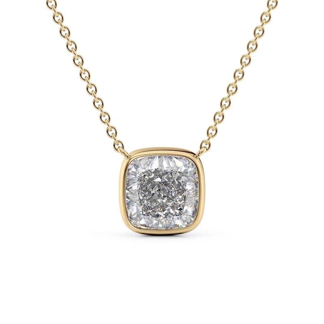14K Gold Lab Grown Cushion Diamond Bezel Necklace - IGI Certified - Etsy