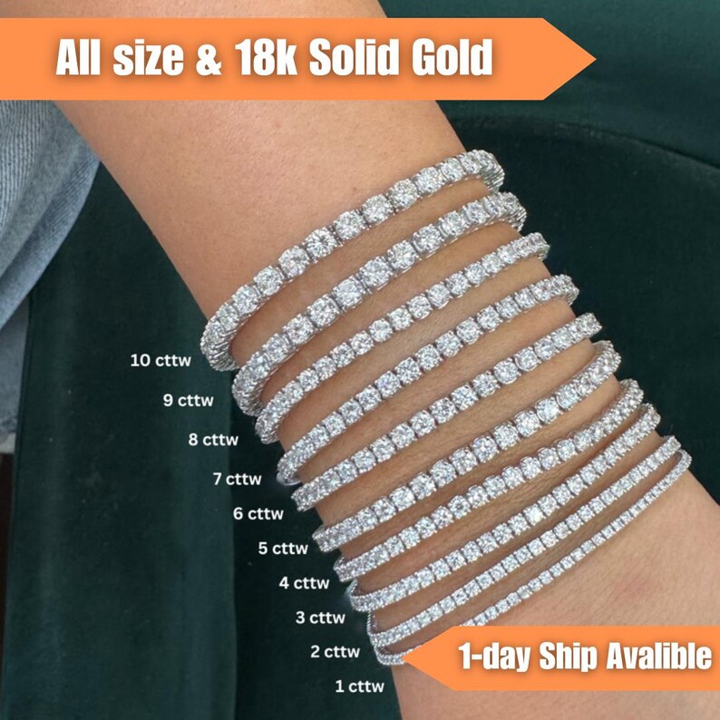 Lab Grown Diamond Tennis Bracelet: 18K Solid Gold, Stackable - Etsy