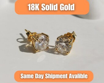 18k Solid Gold Lab Diamond Stud Earrings: Round Cut Solitaire