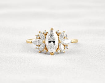 1 CT Marquise Cut Cluster Lab grown Diamond Engagement Ring | IGI Certified | Solid Gold