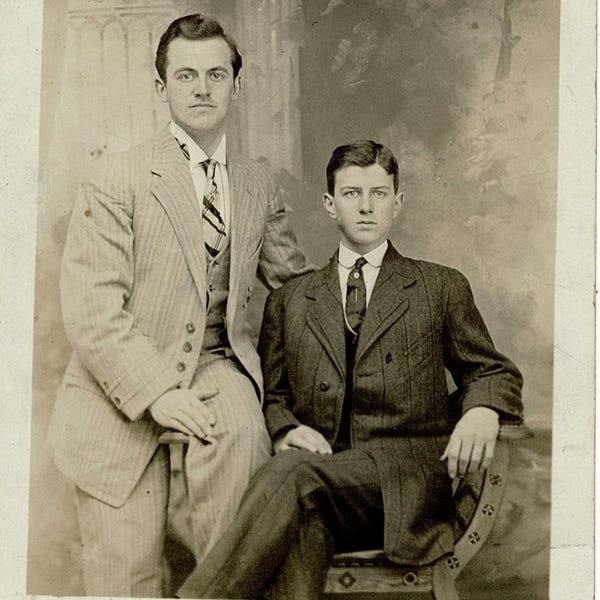 1910s–1920s RPPC Studio Portrait, Two Gentlemen in Suits, Unmailed Real Photo Postcard