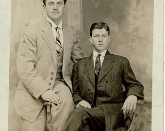 1910s–1920s RPPC Studio Portrait, Two Gentlemen in Suits, Unmailed Real Photo Postcard