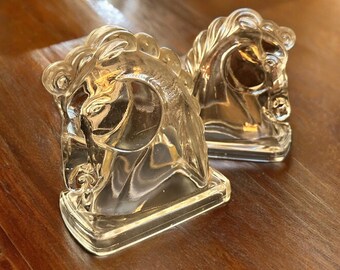 Clear Glass Horse Head Bookends, Mid‑Century Pressed Glass Pair, Federal Style