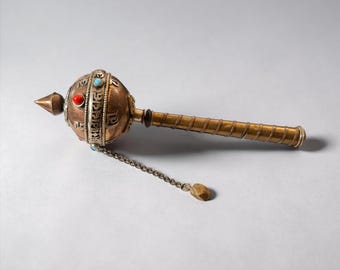 Vintage Brass + Copper Prayer Wheel, 7.75" Tibetan‑Style Spinner, Missing Stone