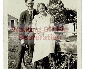 Vintage 1910s–20s Harley-Davidson Motorcycle Snapshot, Couple with Early HD Bike Rural Americana Photo
