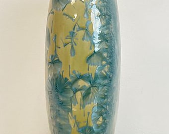 11" Crystalline glaze vase Aqua + Gold, Bat Trang Pottery Village, Tran Hop mark Vietnam