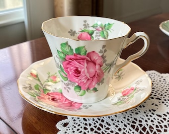 Adderley Pink Rose Cup & Saucer H440, Vintage English Bone China with Gold Trim