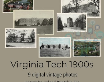 Virginia Polytechnic Institute Postcard Set 9 Vintage Campus Images (White Border + Linen) Digital Download