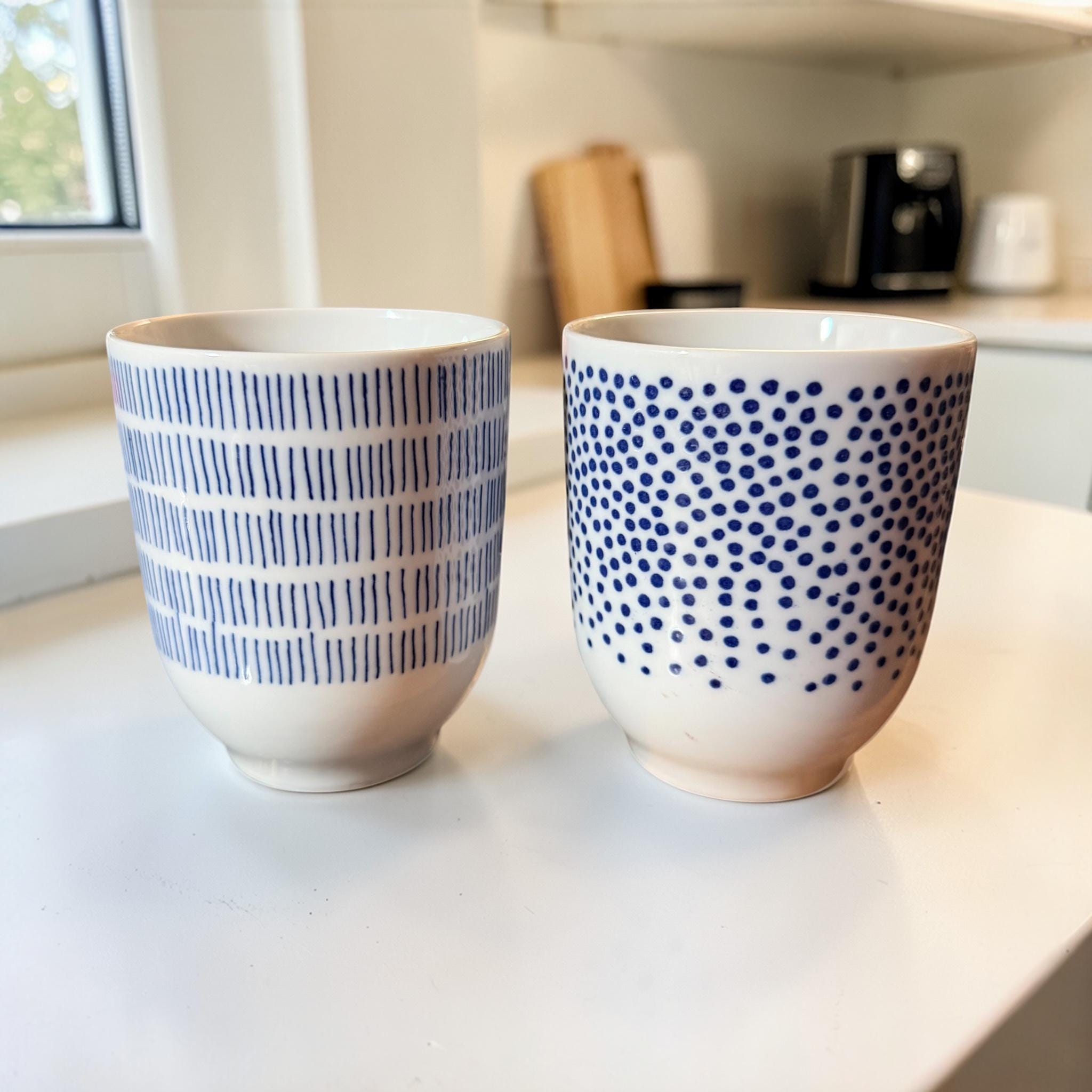 IKEA 365+ Blue Stripe & Dot Stoneware Cups – Handleless