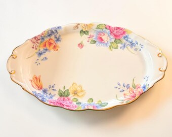 Royal Albert “Beatrice” Oval Tray with Lobed Handles, 10 Inch Floral Serving Dish