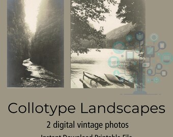 Antique Collotype Landscape Prints - Digital Download - 2 Scenic Canyon & Lake Images