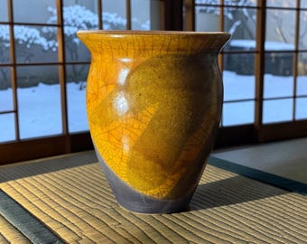 Raku Pottery Vase, Ochre Charcoal Crackle Glaze, Small Sculptural Studio Art Vessel 4.25 in