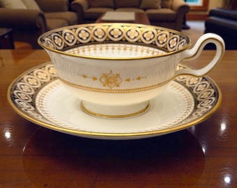 Wedgwood peony shape cup and saucer wide cobalt and gold rim, formal Edwardian design
