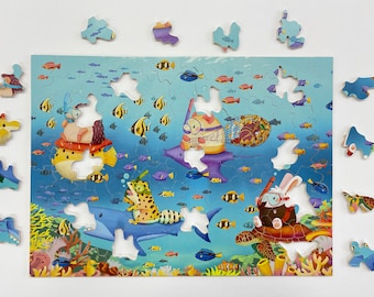 Puzzle en bois 'Coral Reef', +/- 100 pièces, Pamelooart, cadeau enfants, Montessori, Waldorf, fait main, durable, unique, école