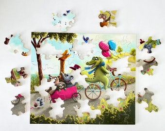 Puzzle en bois 'Party Animals', @berlin.art.stories, enfants d'âge préscolaire, 5 ans, école primaire, Montessori, cadeau, unique