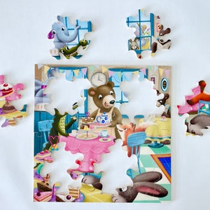 Holzpuzzle &#39;Nachmittagstee&#39;, @janetsamuel_illustration, +/- 20 Teile, Vorschulkinder, Grundschule, Gruppe 1, Gruppe 2, Waldorf, Geschenk, einzigartig