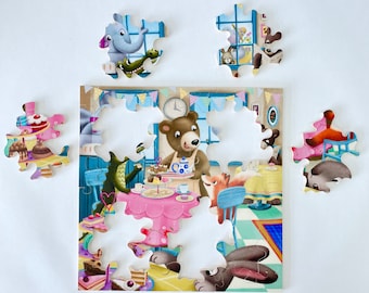 Wooden puzzle 'Afternoon tea', @janetsamuel_illustration, +/- 20 pieces, preschoolers, primary school, group 1, group 2, Waldorf, gift, unique