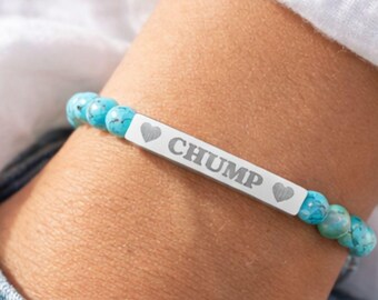 CHUMP Engraved Natural Stone Beaded Bracelet, Jeff Lewis fan gift, Chump merch, stylish beaded jewelry for Chumps, Silver tone, Chumpcon