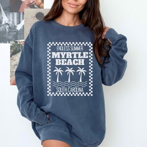 Unisex Retro Myrtle Beach Sweatshirt, oversized comfort colors Crewneck, checkered print, summer vacation South Carolina beach gift souvenir