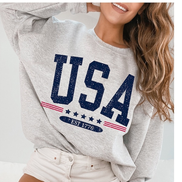 USA est 1776 sweatshirt , Faded Vintage Style Aesthetic USA Crewneck Trendy Varsity Style America Crewneck July 4th memorial day patriotic