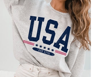 Sweatshirt VS est 1776, vervaagde vintage stijl esthetiek VS ronde hals trendy varsity-stijl Amerikaanse ronde hals 4 juli patriottische herdenkingsdag