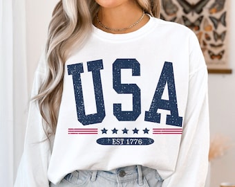 USA スウェットシャツ EST 1776 色あせたヴィンテージスタイル 美的 ビッグ USA クルーネック トレンディ バーシティスタイル アメリカ クルーネック 7月4日 ユニセックス メモリアルデー