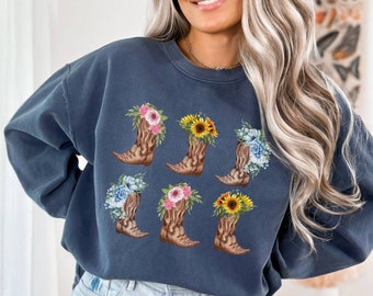 Sudadera con bota de vaquero Comfor Colors, camisa campestre con flores de primavera, sudadera retro de vaquera, sudadera estilo western para mujer, regalo para mujer