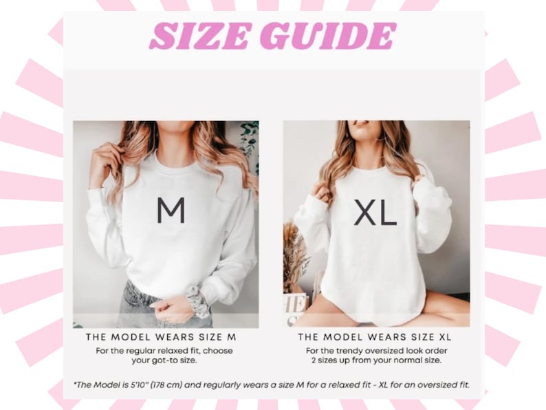 Op de afbeelding: Maattabel voor een wit sweatshirt. Het model draagt maat M voor een ontspannen pasvorm en maat XL voor een oversized pasvorm. "Het model is 1,78 m lang en draagt normaal gesproken maat M voor een ontspannen pasvorm - XL voor een oversized pasvorm."