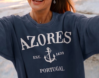 Azores Islands Portugal Anchor Crewneck Sweatshirt, Womens Vintage retro Portuguese Pullover Gift, São Miguel, Pico Island, Faial Island