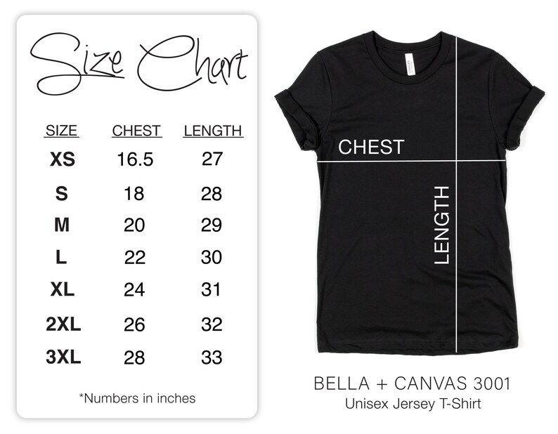 May include: Size chart for a unisex jersey t-shirt, showing chest and length measurements in inches for sizes XS to 3XL. The chart is printed on a white background with black text. The t-shirt is black and is shown on a white background.