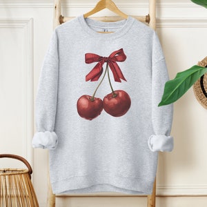 Red Cherry and Bow Sweatshirt, Oversized Coquette Aesthetic Sweatshirt, Ribbon Crewneck, Cottage Core Sweatshirt, Coquette Clothing, Trendy