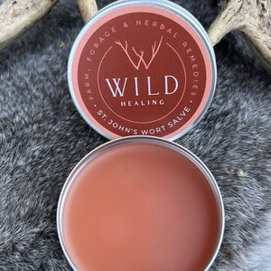 May include: A tin of Wild Healing St. John's Wort Salve with a reddish-brown balm. The tin has a brown label with white text and a deer antler design. The product is on a gray and white fur-like surface.