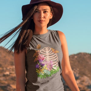 Botanical Skeleton Women&#39;s Tank, Nature Inspired Flowy Tank Top, Moth And Bones Gothic Muscle Tank, Cottagecore Death and Rebirth Theme