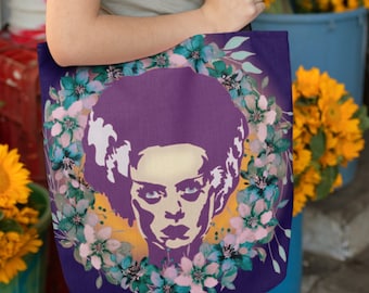Bolso tote floral de La Novia de Frankenstein, bolso de hombro estilo cottagecore con toques de terror, bolso de estilo gótico con un toque de terror, regalo de La Novia de Frankenstein