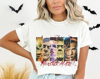 Monster Mash Classic Horror Unisex Garment-Dyed T-shirt, Retro Monster Film Shirt, Vintage Halloween T-Shirt, Classic Horror Film Fan Gift