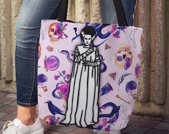 Bolsa de tela rosa de La novia de Frankenstein, mochila de terror para chicas, bolsa de playa de terror, regalo para fans de las películas de terror.