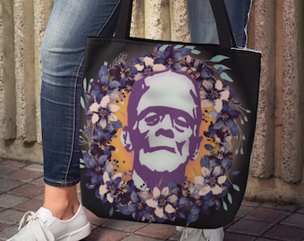 Floral Frankenstein Horror Tote Bag, Horror Meets Cottagecore Black Book Bag, Frankenstein Grunge Shoulder Bag, Retro Horror Tote Bag Gifts
