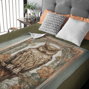 Vintage-Inspired Art Nouveau Floral Owl Blanket - Add Elegance to Your Space, Art Nouveau Owl Minky Blanket,
